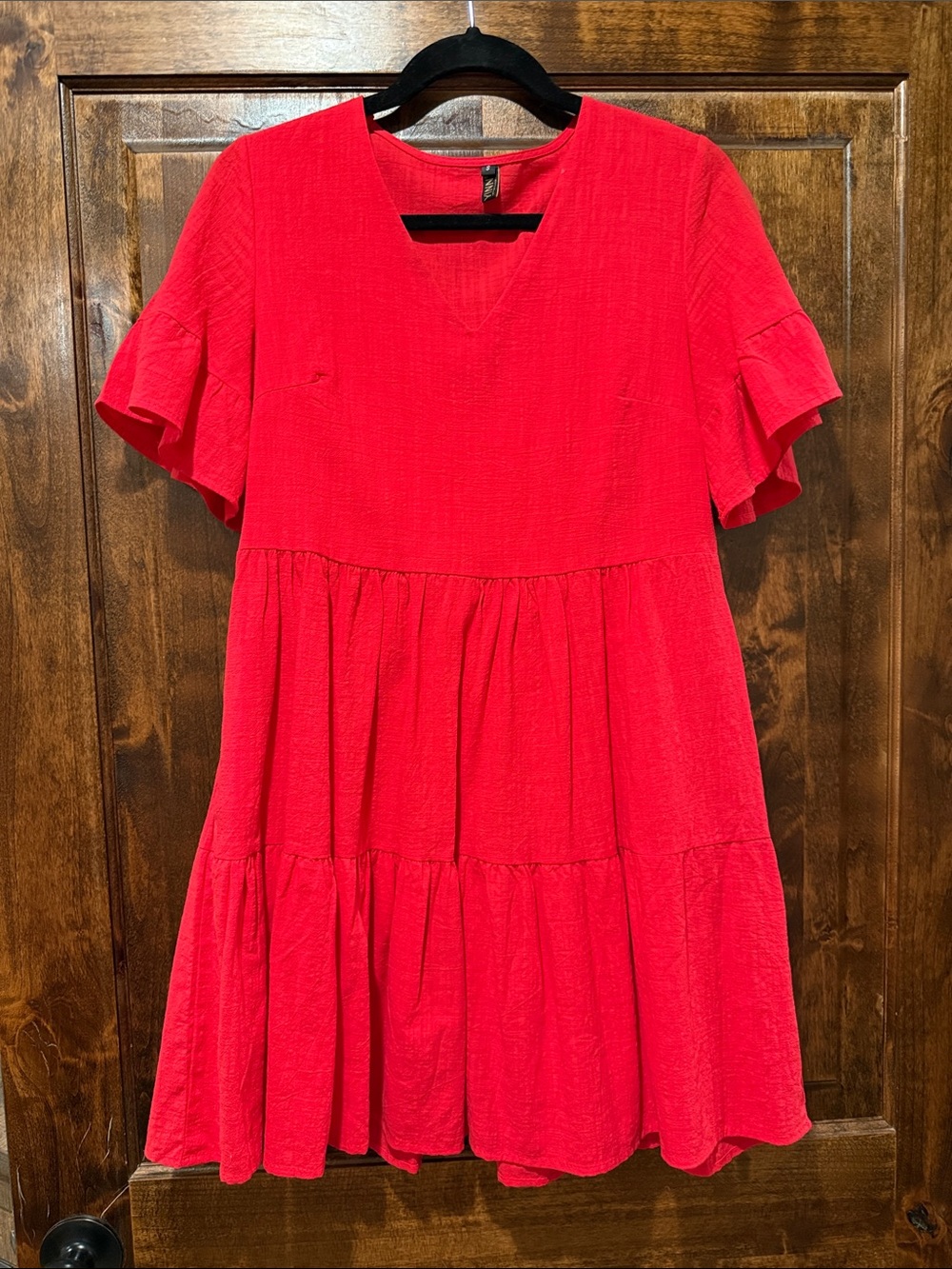 Bright Red Tiered V-Neck Mini Dress with Ruffle Sleeves